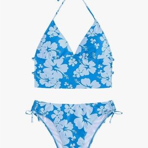 Floral Print Halter Tie Back Crop Top and Bottoms Bikini Set